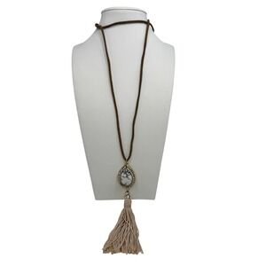WHBM Long Tassel Necklace White Marble Gemstone Gold Tone Boho Festival Y2K